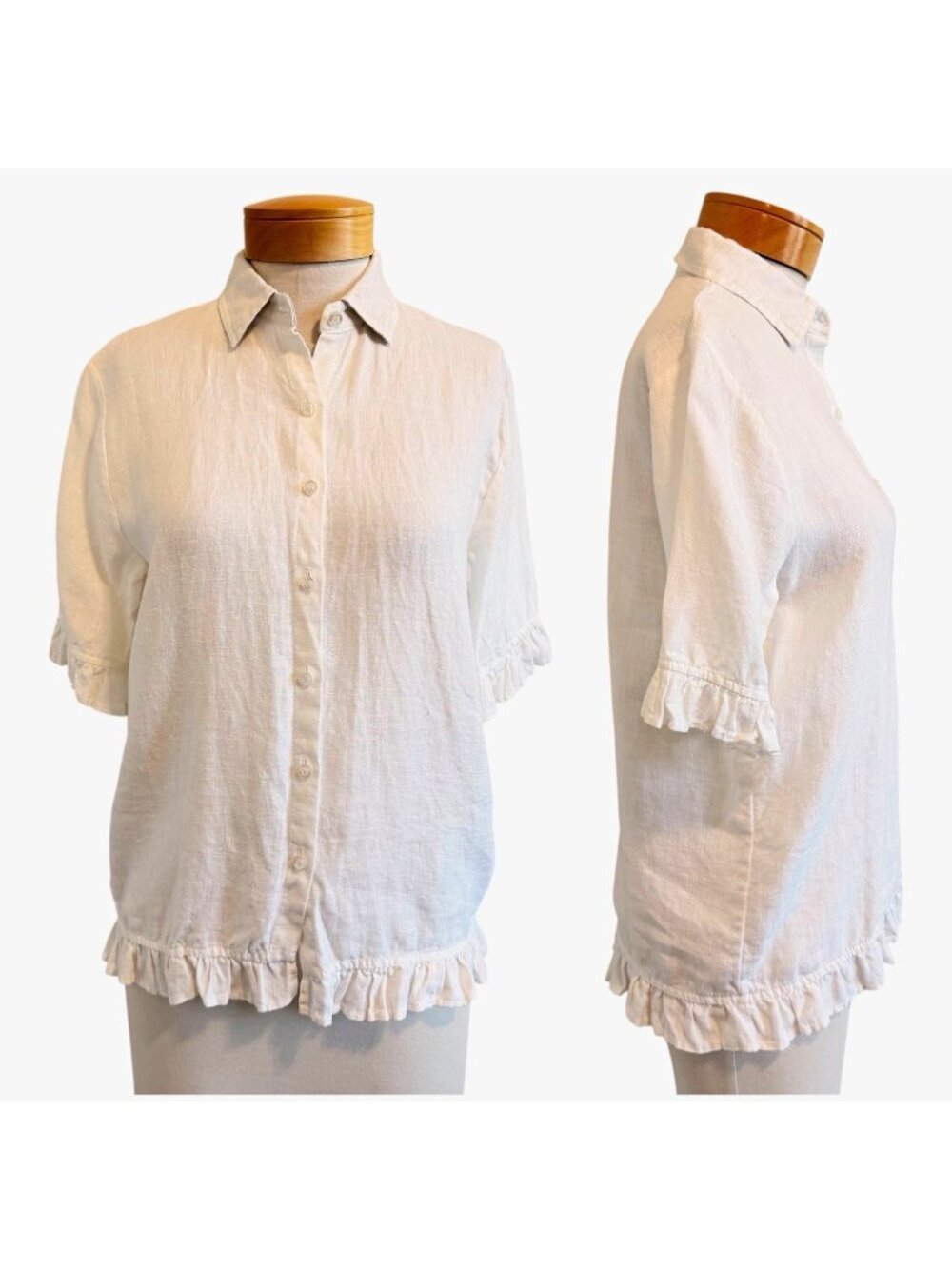 Crown Linen Designs 100% Linen White Button Front Ruffle Hem Blouse Top XS